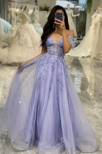 Lavender Off the Shoulder Feathers Tulle Prom Dress with Appliques